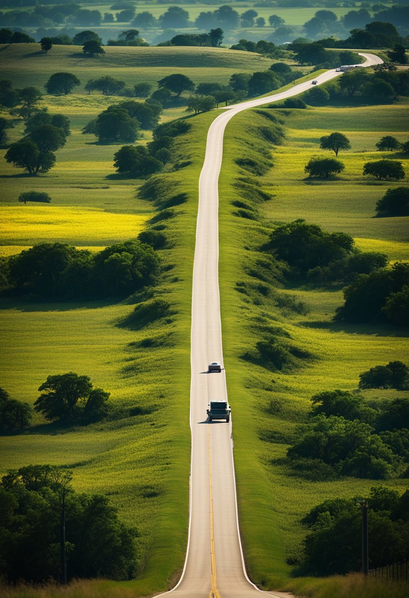 A winding road leads through rolling hills to the city of Waco, Texas. Lush greenery and wildflowers line the route, with the iconic silhouettes of the city's landmarks in the distance