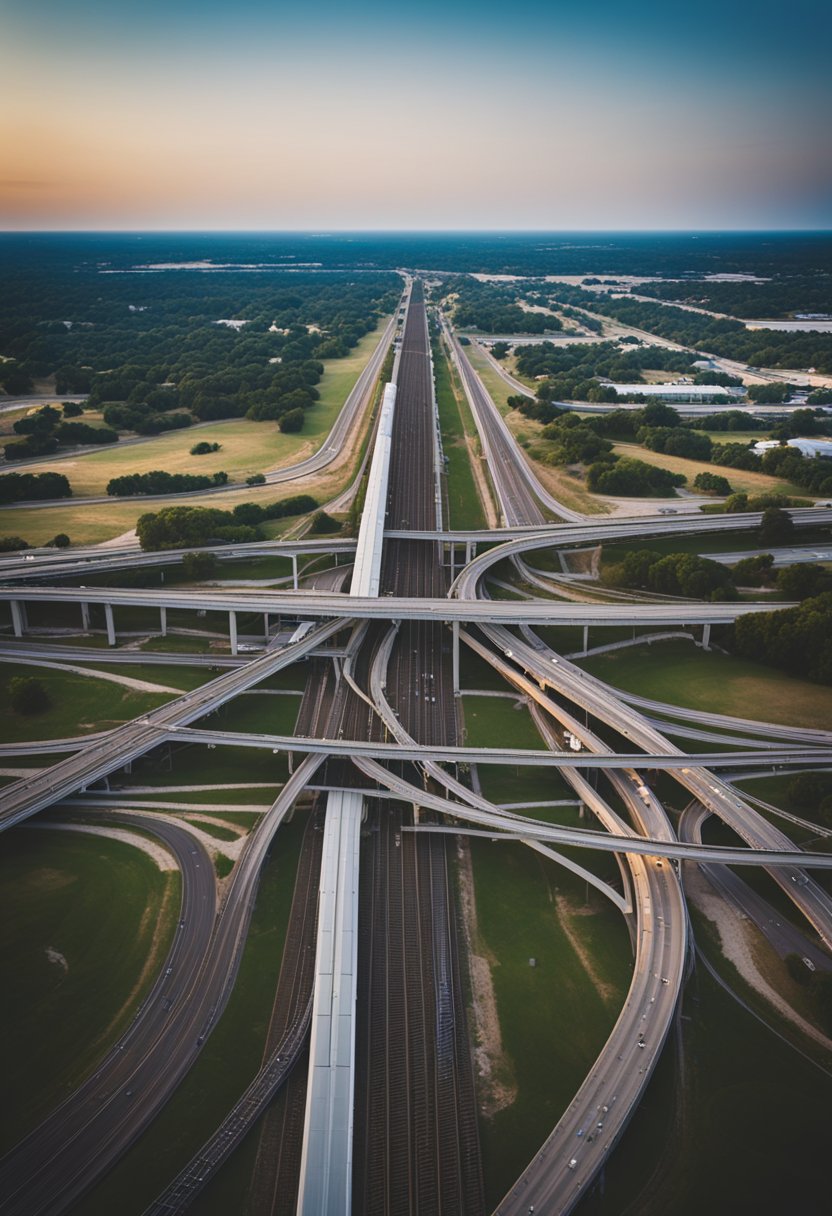 Cars, buses, and trains moving towards Waco, Texas from surrounding cities. Highways and railway tracks leading to the city