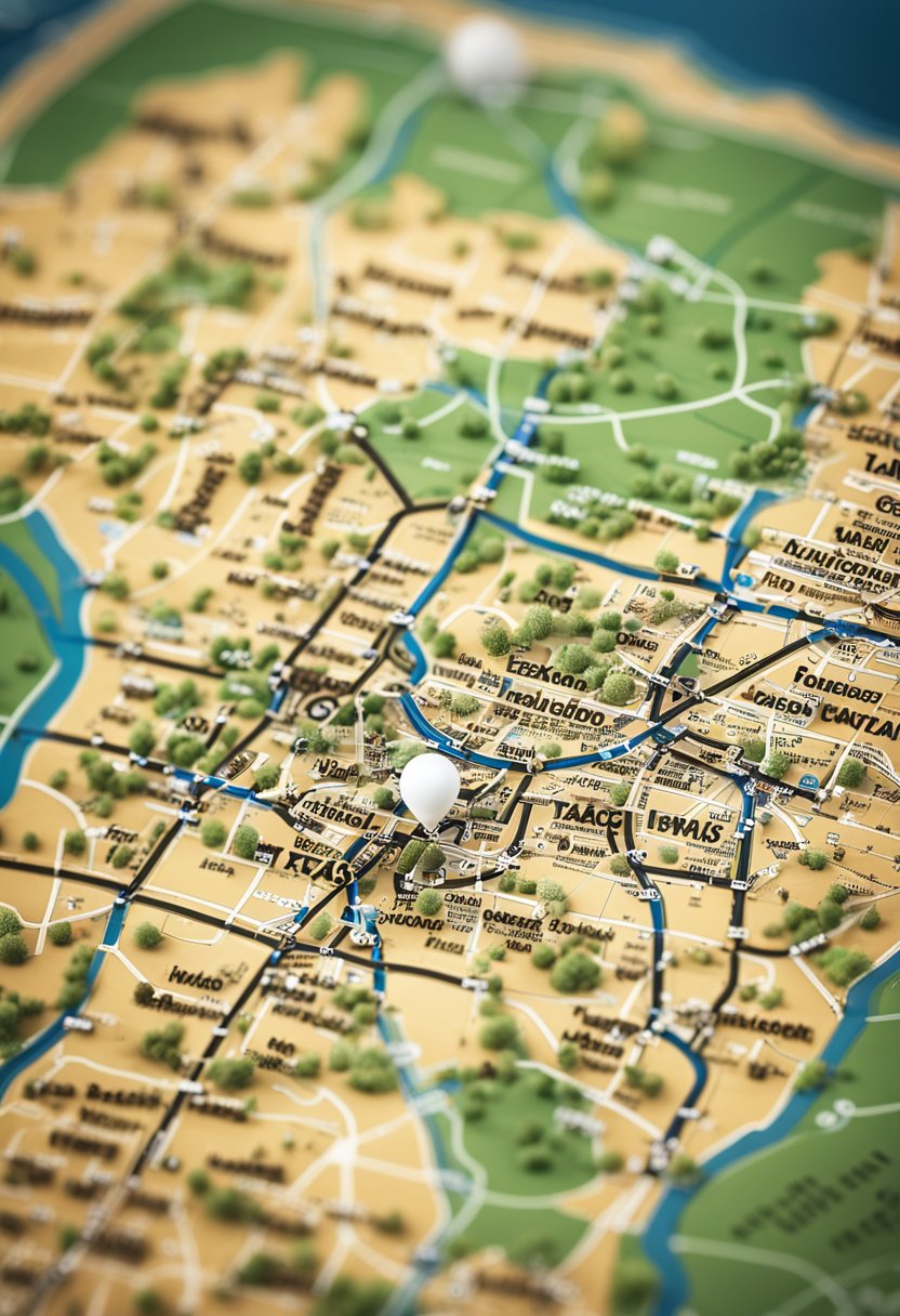 A map of Texas with routes leading to Waco from surrounding cities, marked with landmarks and distances