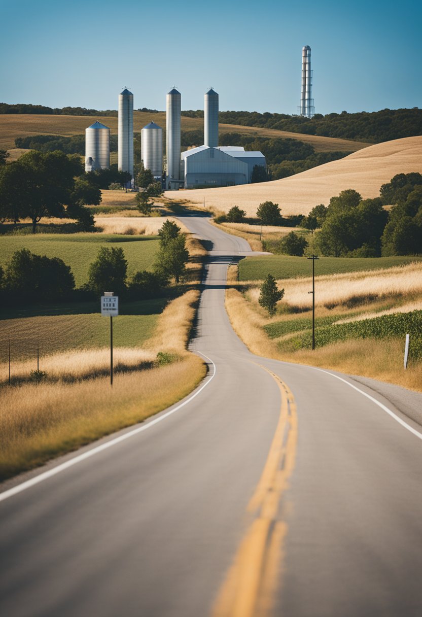 A winding road leading through rolling hills towards the iconic silos of Magnolia Market, with a clear blue sky and a warm, sunny day