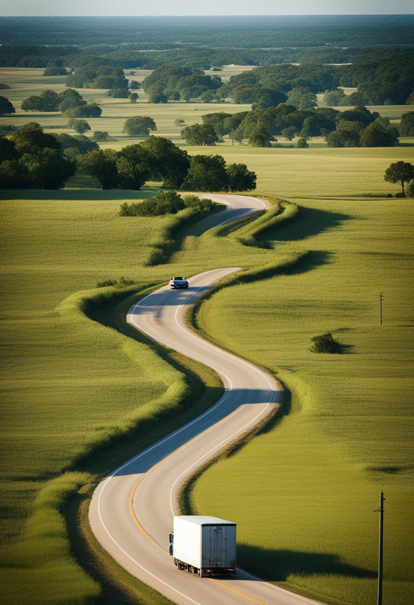 A winding road through rural Texas, passing by fields and small towns, leads to the bustling city of Waco. The city skyline rises in the distance, framed by the rolling hills of the countryside