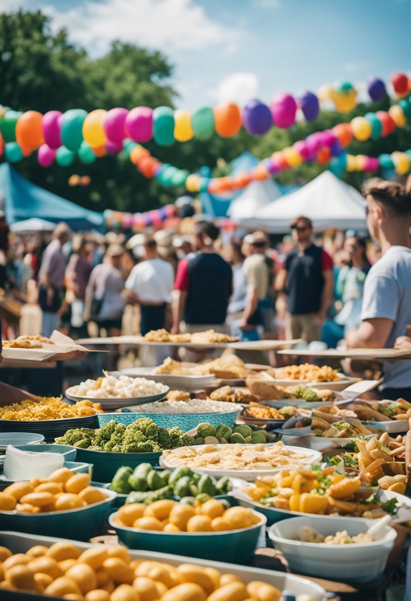 A colorful outdoor festival in Waco, Texas with music, food, art, and cultural activities