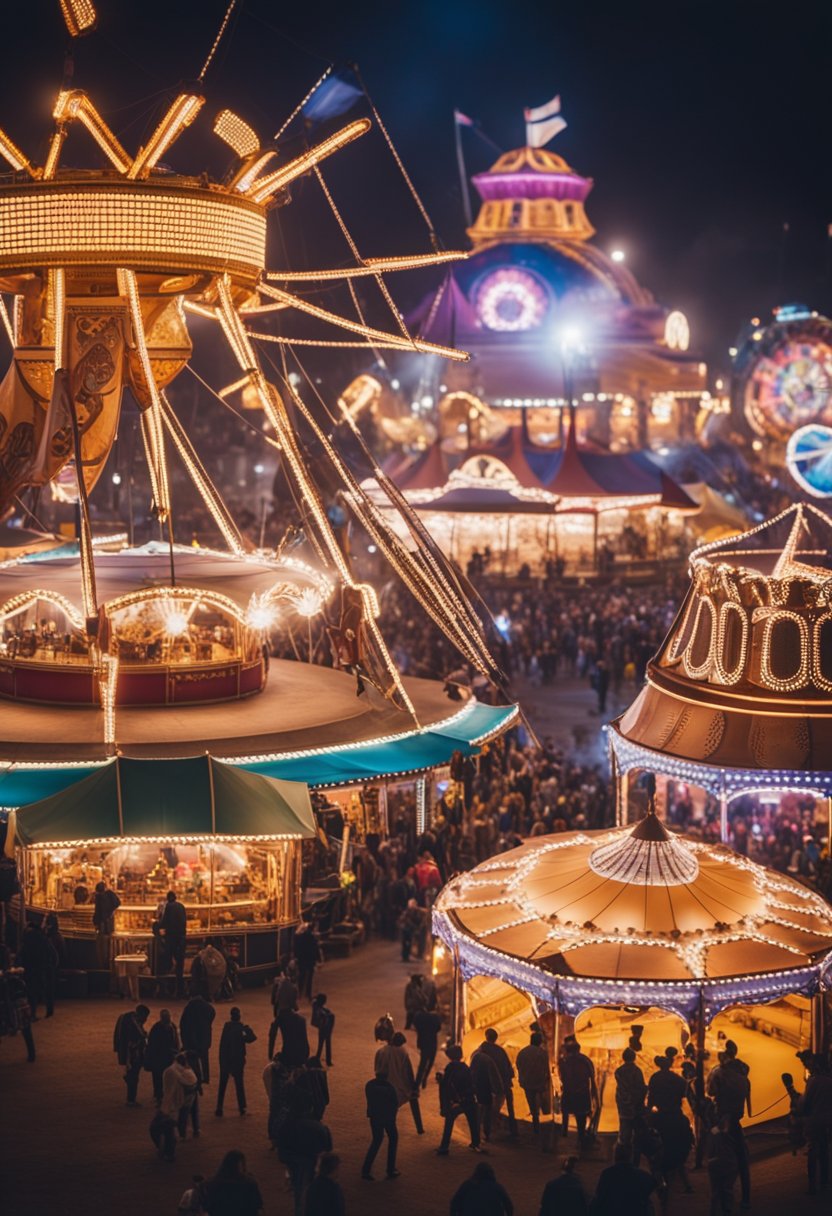 A bustling fairground with colorful tents, carnival rides, and a lively rodeo arena surrounded by cheering spectators