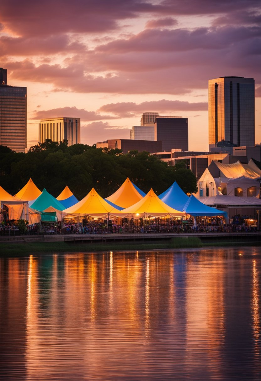 Colorful tents and stages line the riverfront, filled with music, food, and art. The sun sets behind the silhouetted skyline of Waco, Texas