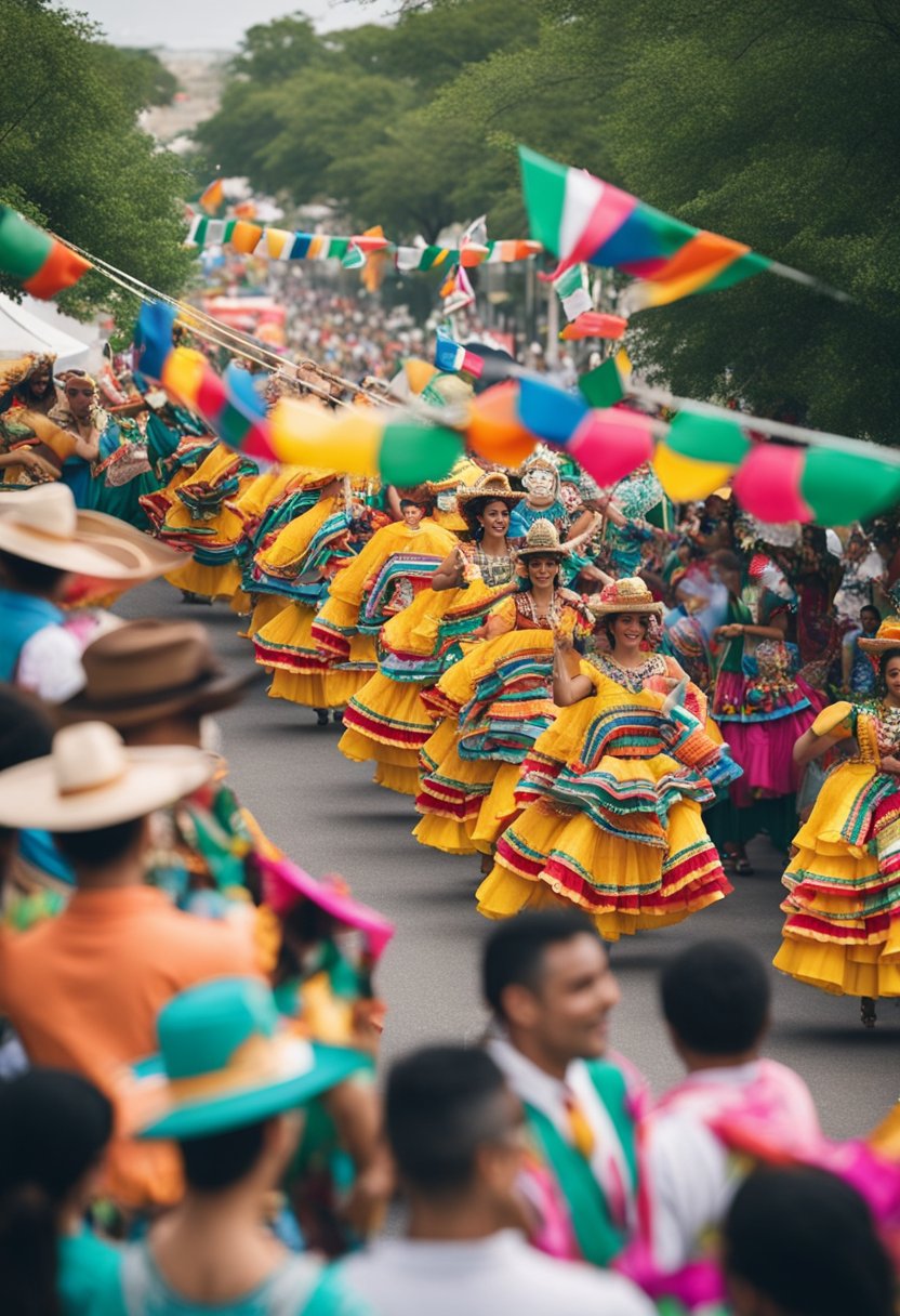 A vibrant parade with colorful floats, traditional Mexican music, and lively dancers celebrating Cinco de Mayo in Waco, Texas