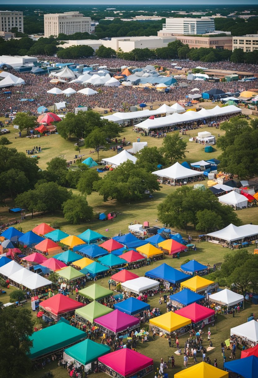 A bustling outdoor festival in Waco, Texas, with colorful tents, live music, food vendors, and diverse cultural displays