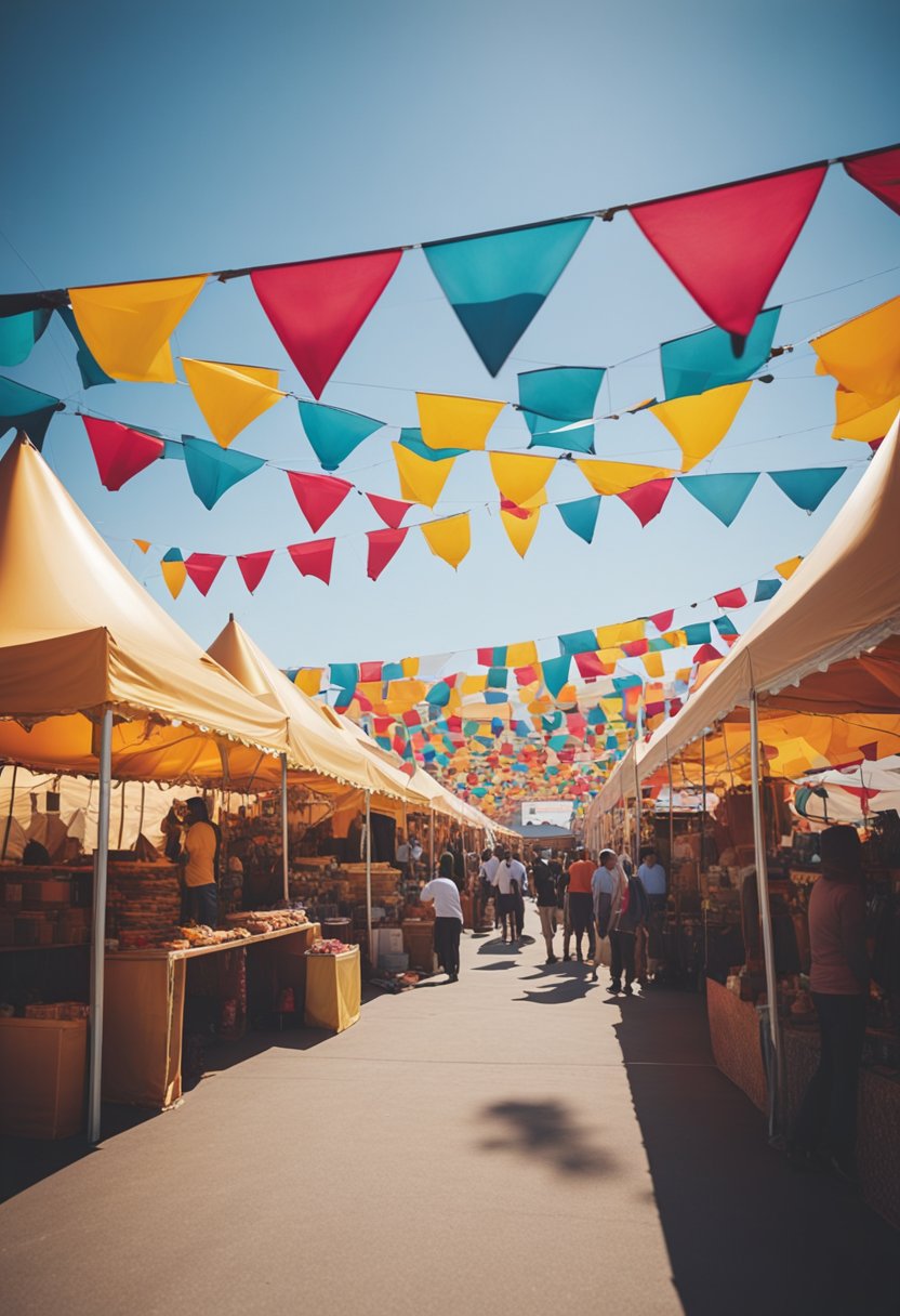 Vibrant tents line the fairgrounds, filled with diverse cultural displays. A lively atmosphere with music, dance, and food creates a festive scene