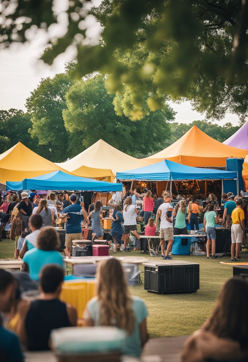 Colorful tents and stages fill a park, surrounded by food trucks and bustling crowds. Music and laughter fill the air at Waco Wonderland Cultural Festivals in Waco, Texas