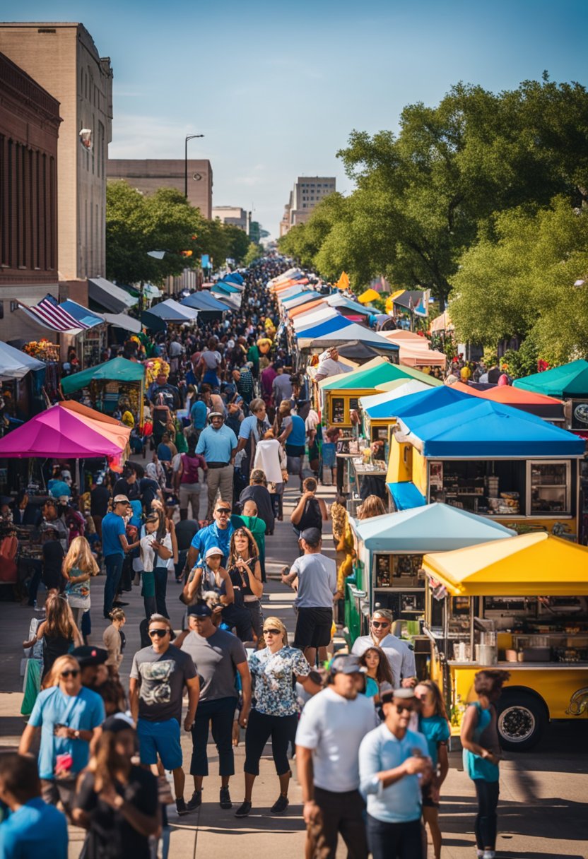 Vibrant food trucks line the streets, surrounded by lively music and colorful decorations. A diverse crowd enjoys the festive atmosphere at the Texas Food Truck Showdown in Waco