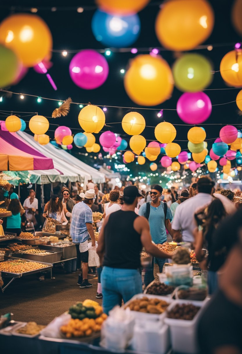 A vibrant festival scene with food vendors, live music, and colorful decorations in Waco, Texas