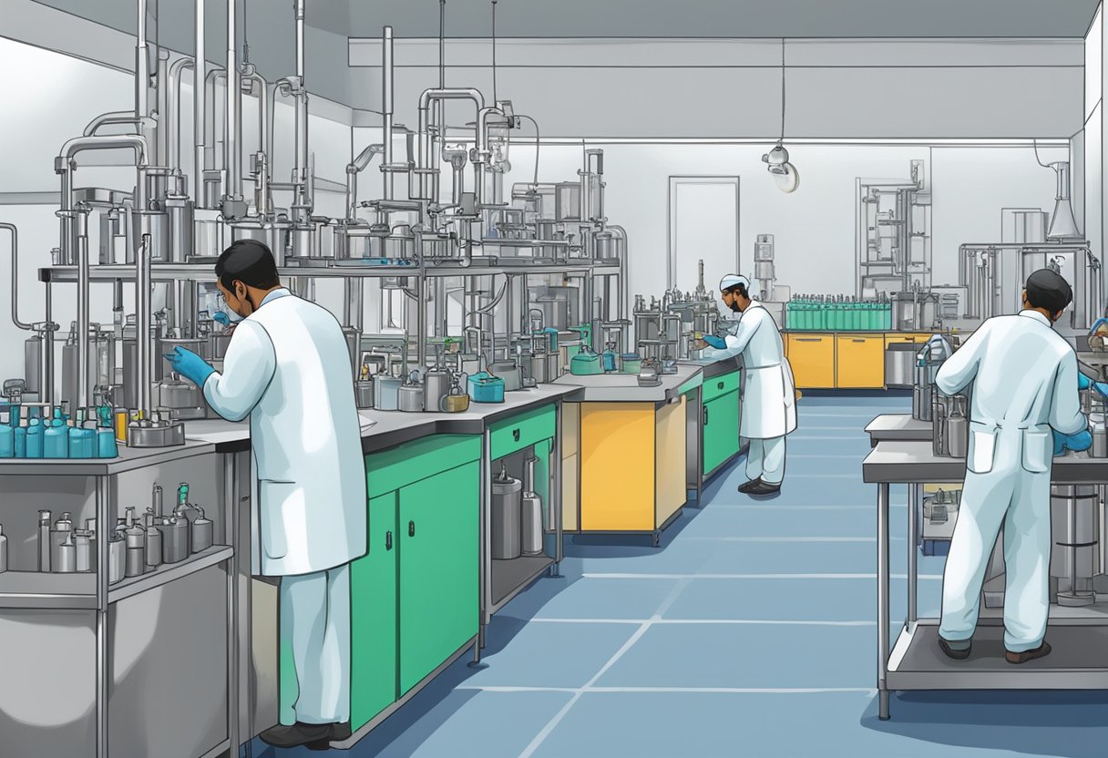 A laboratory with industrial equipment and workers producing 4-Benzyloxy Propiophenone in India