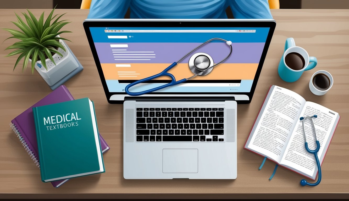 A laptop with a stethoscope and medical textbooks on a desk, surrounded by a cozy study space with a mug of coffee