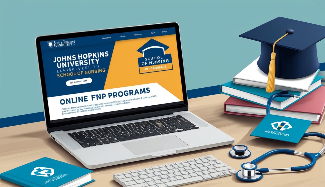 A laptop displaying Johns Hopkins University School of Nursing's online FNP programs with a graduation cap and stethoscope nearby