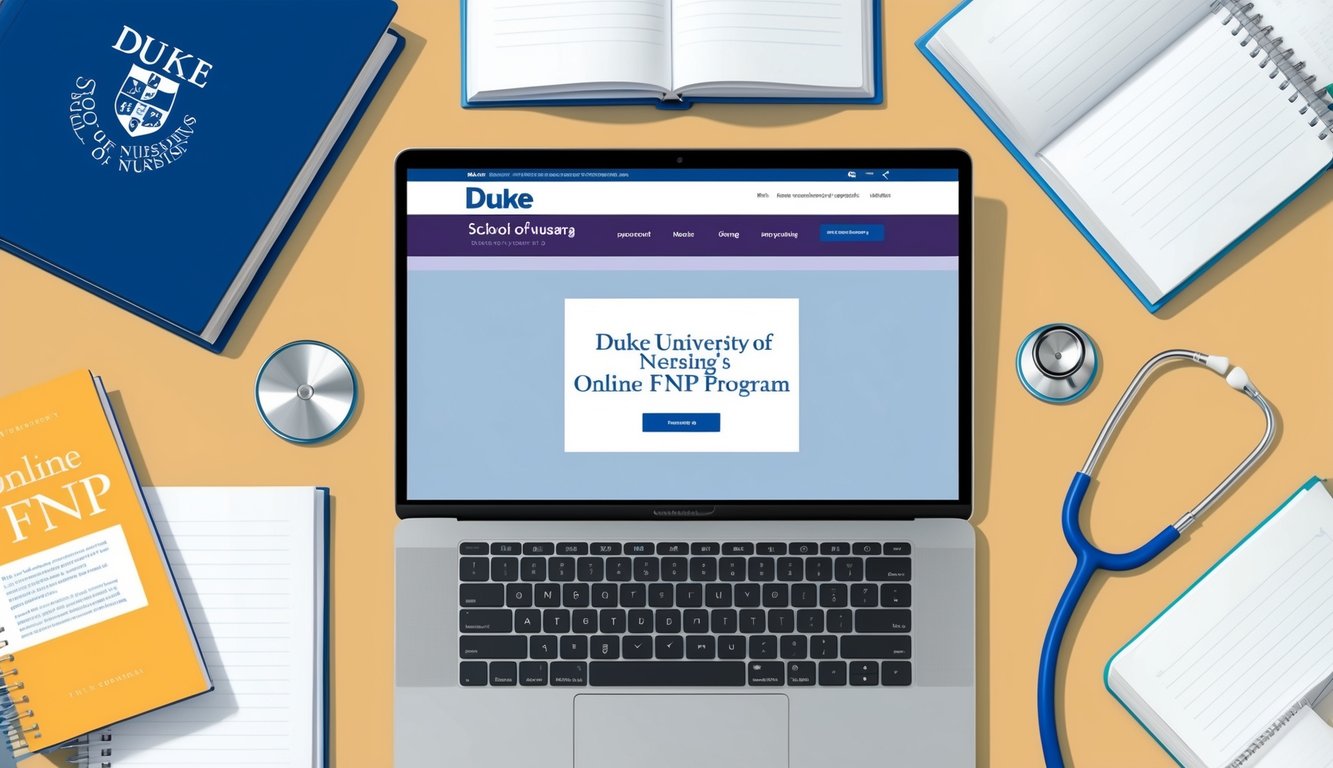 A laptop displaying Duke University School of Nursing's online FNP program website, surrounded by nursing textbooks and a stethoscope