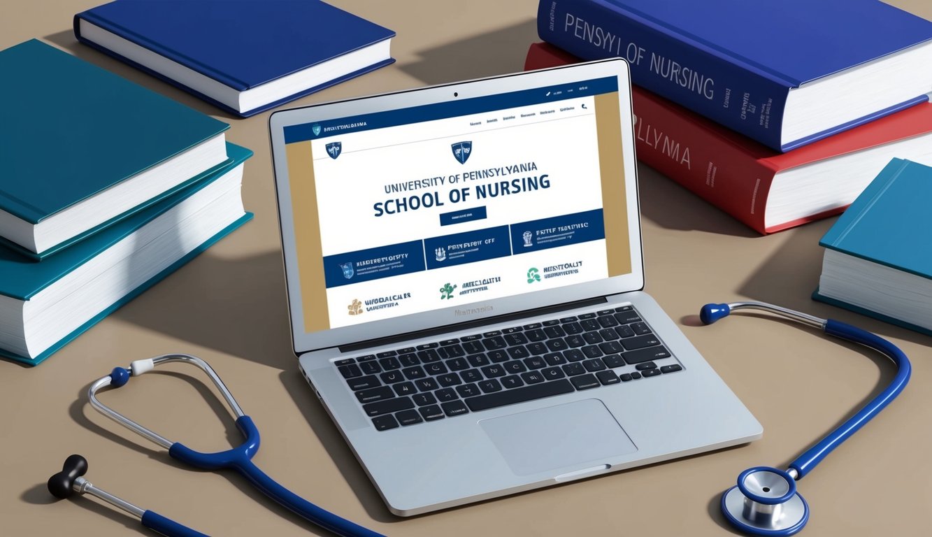 A laptop displaying the University of Pennsylvania School of Nursing website, surrounded by medical textbooks and a stethoscope