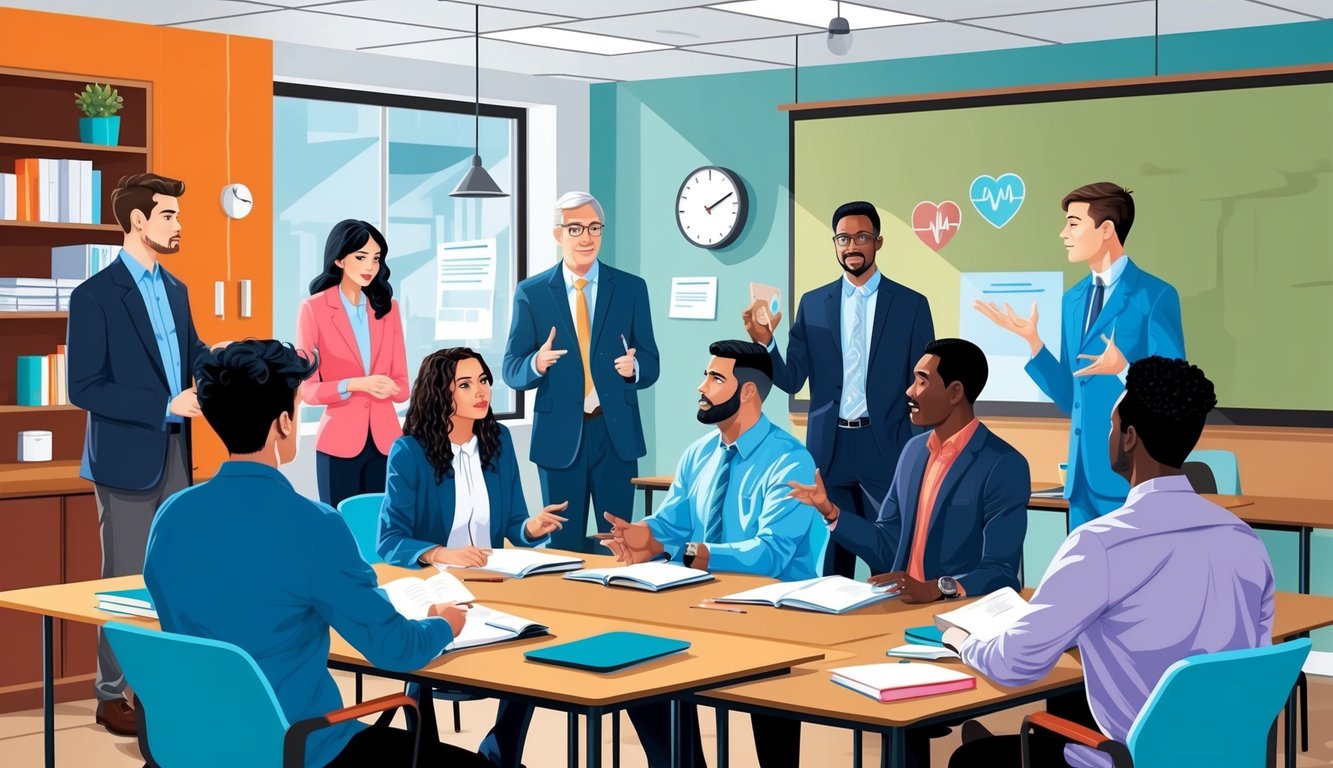 A group of students and professors discussing mental health care in a modern classroom setting