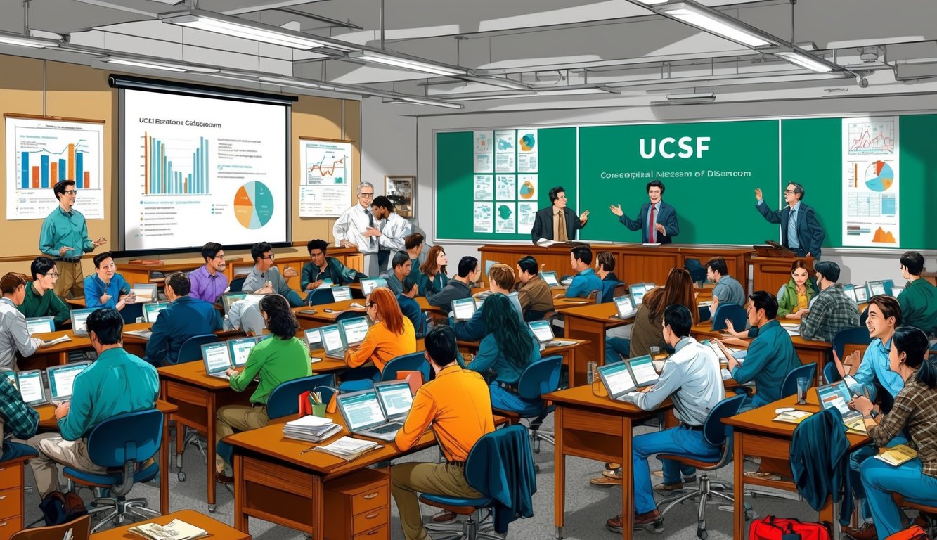 A bustling classroom at UCSF, with students engaged in discussions, professors lecturing, and charts and diagrams displayed on the walls