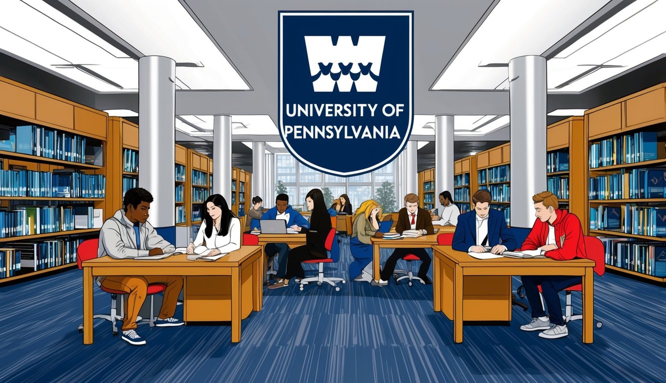 A group of students studying in a modern university library with the University of Pennsylvania logo prominently displayed