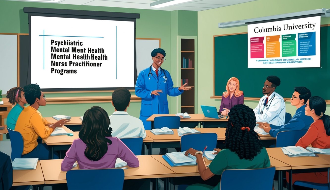 A classroom at Columbia University with students and a professor discussing psychiatric mental health nurse practitioner programs