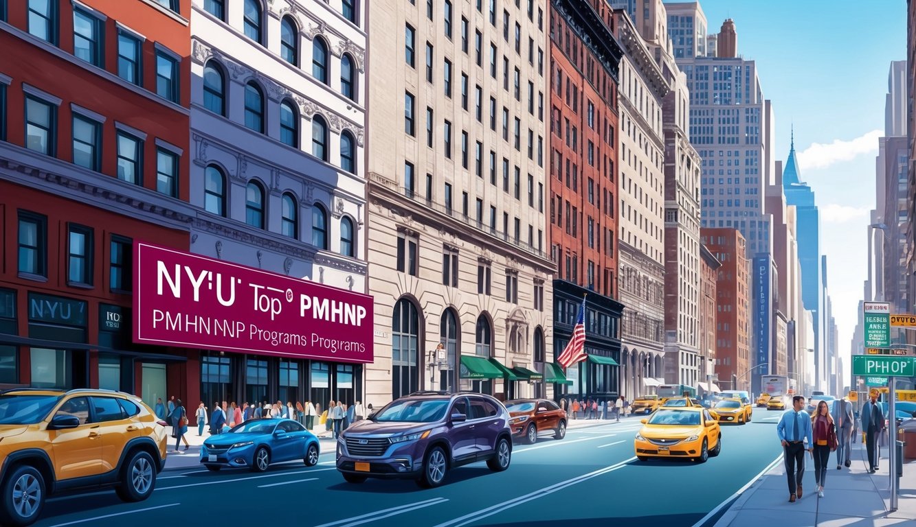 A bustling New York City street with iconic buildings and a sign for NYU's top PMHNP programs