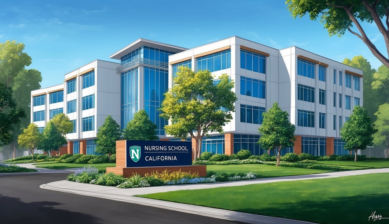 A group of modern buildings surrounded by lush greenery, with a prominent sign displaying the name of a prestigious nursing school in California