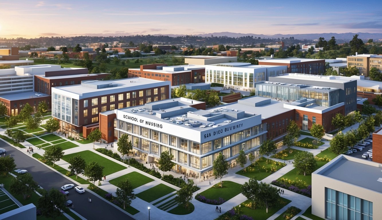 A bustling campus with modern buildings and green spaces, featuring the School of Nursing at San Diego State University