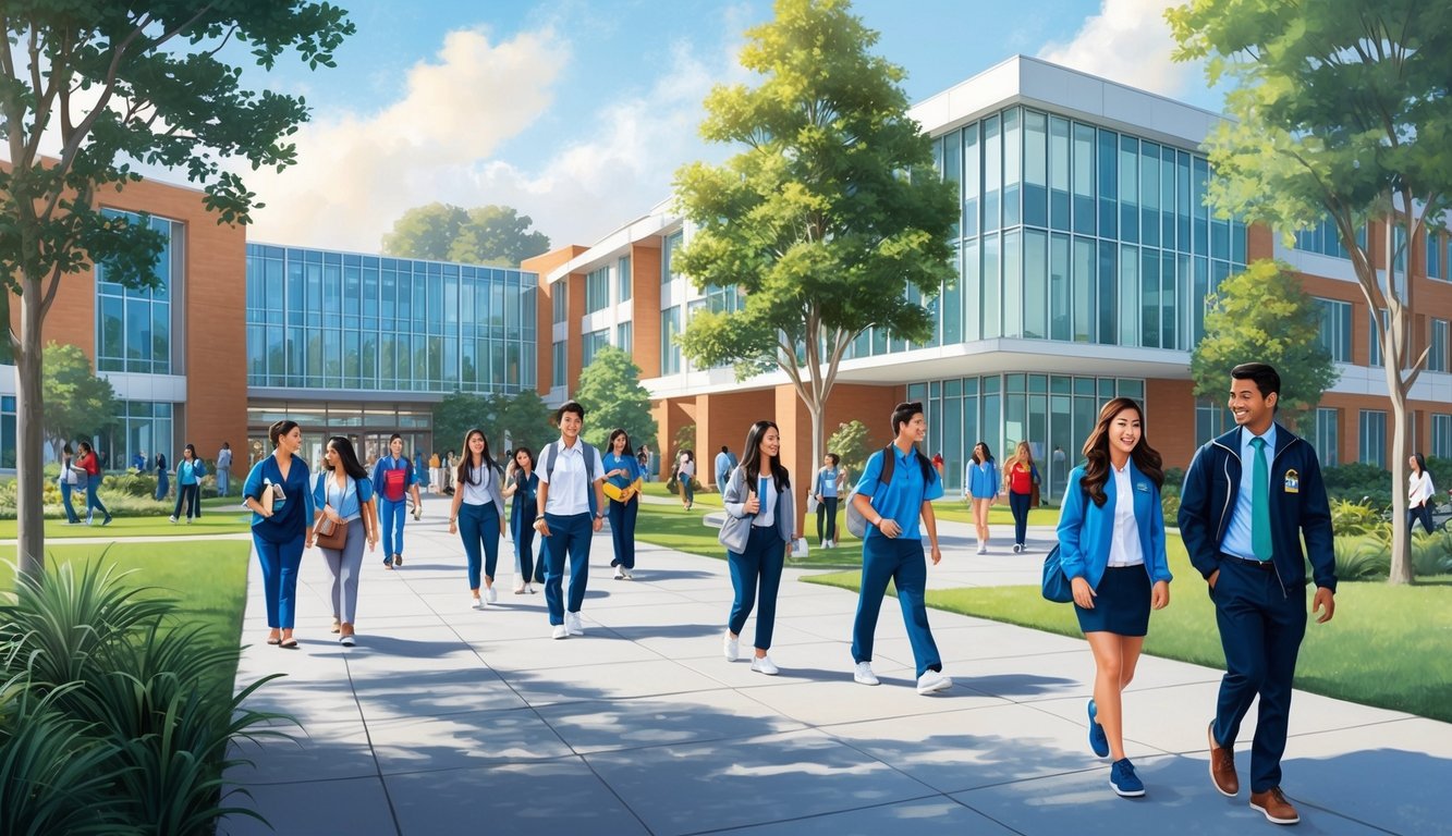 A bustling campus scene with modern buildings and students walking to and from the top-ranked nursing school at the University of California, Irvine