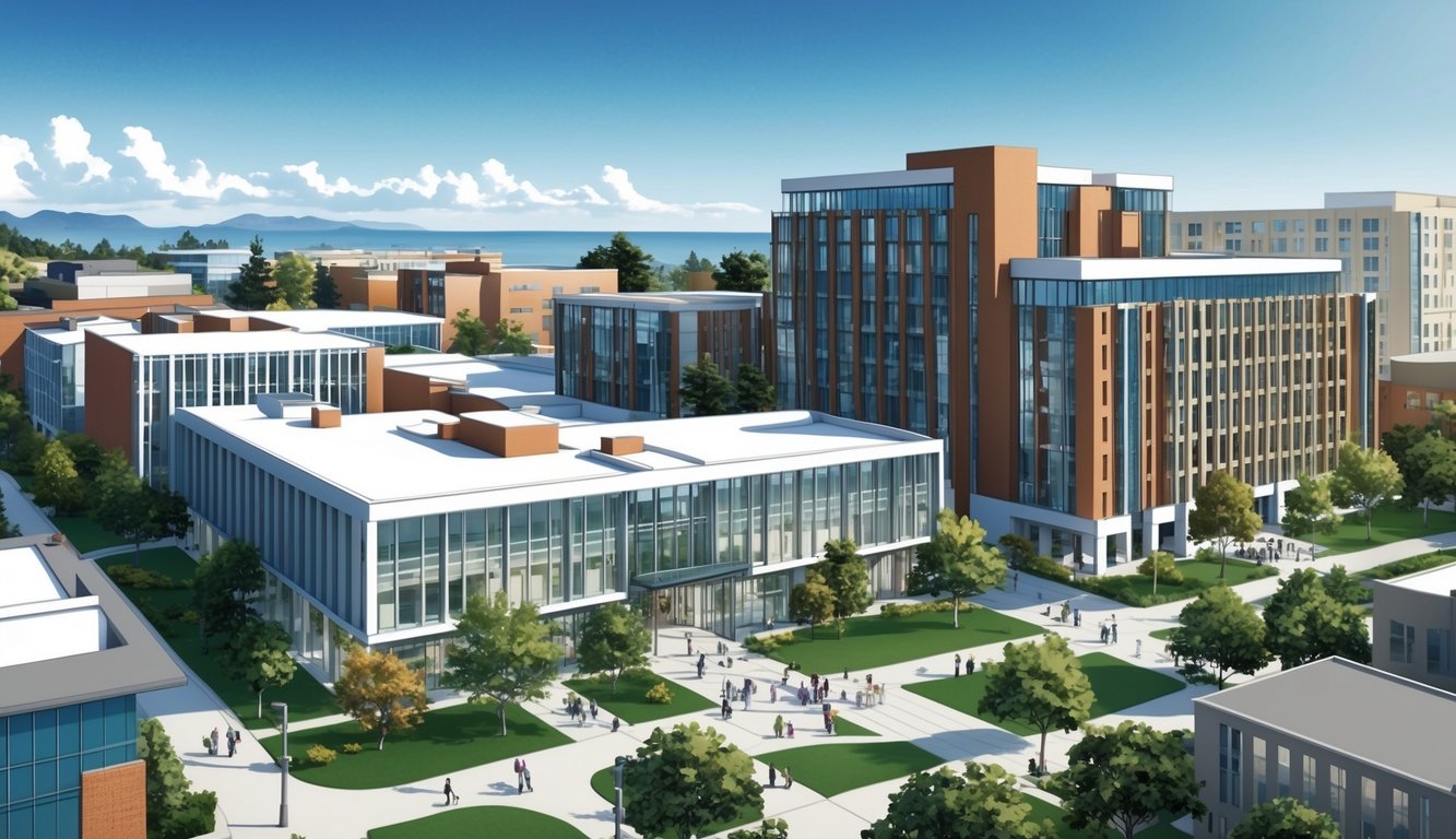 A bustling campus with modern buildings and greenery, featuring the School of Nursing and Health Professions at the University of San Francisco