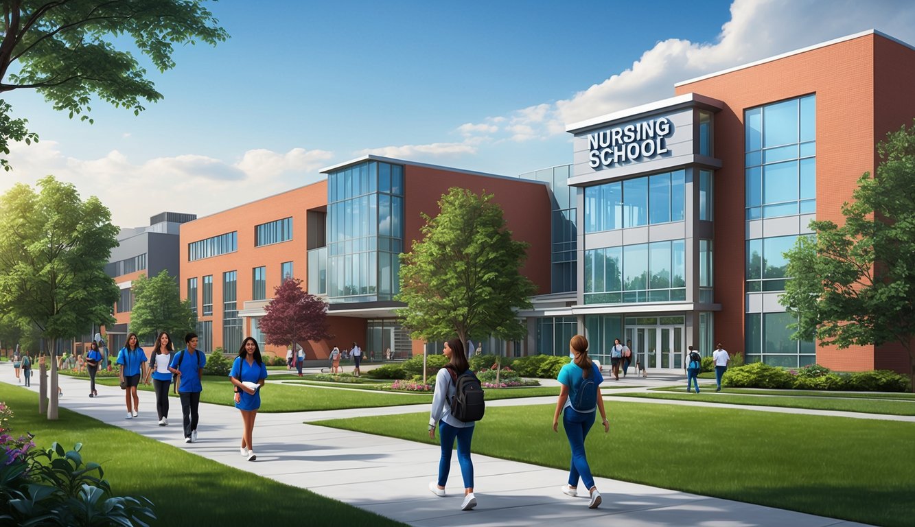 A bustling campus with modern buildings and a prominent nursing school sign.</p><p>Lush greenery and students walking to and from classes