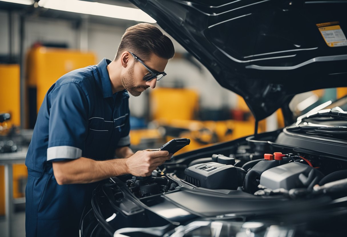 A mechanic using diagnostic tools to analyze the engine's position system on a car in a garage