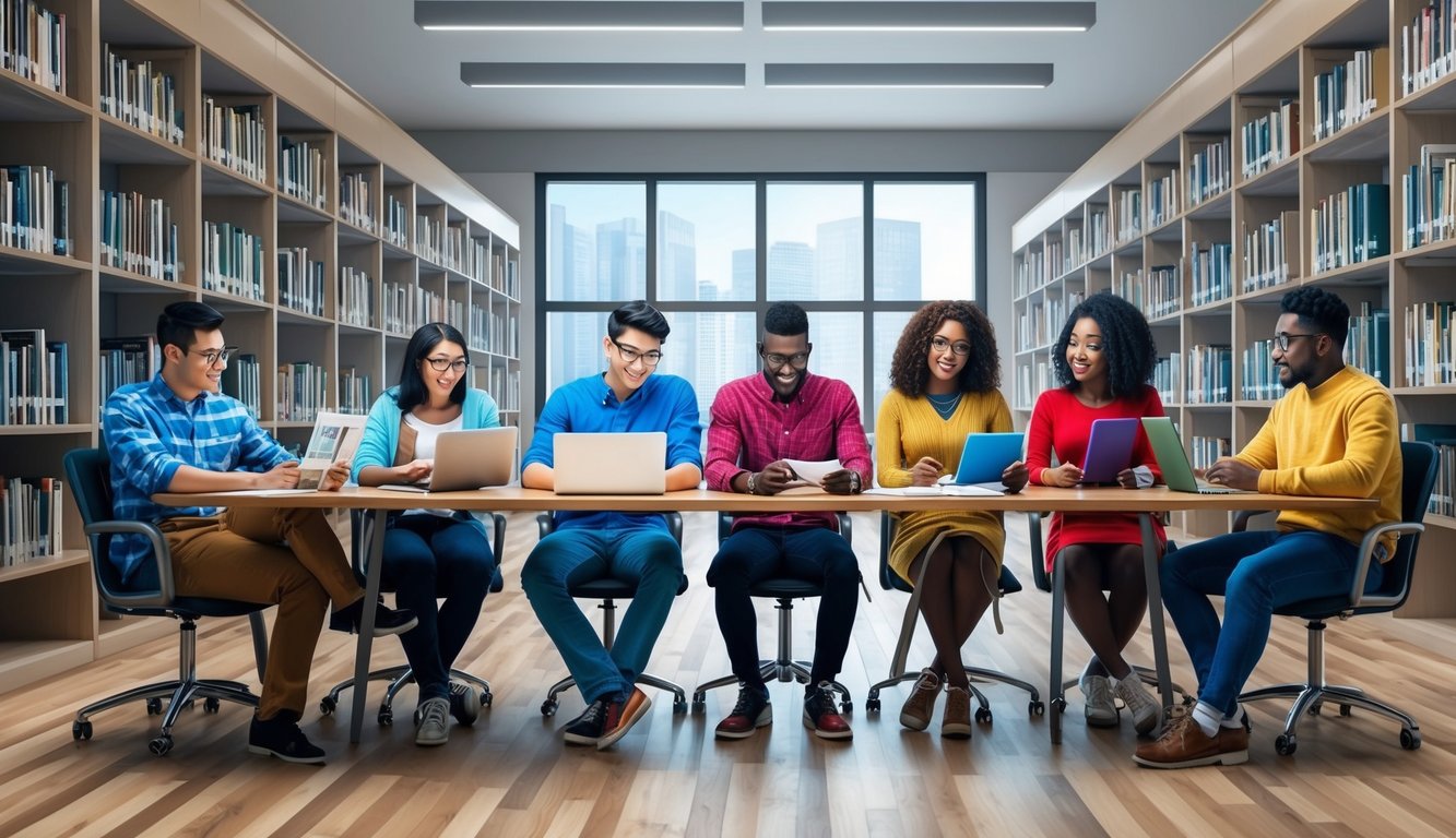 A group of diverse students studying together in a modern university library