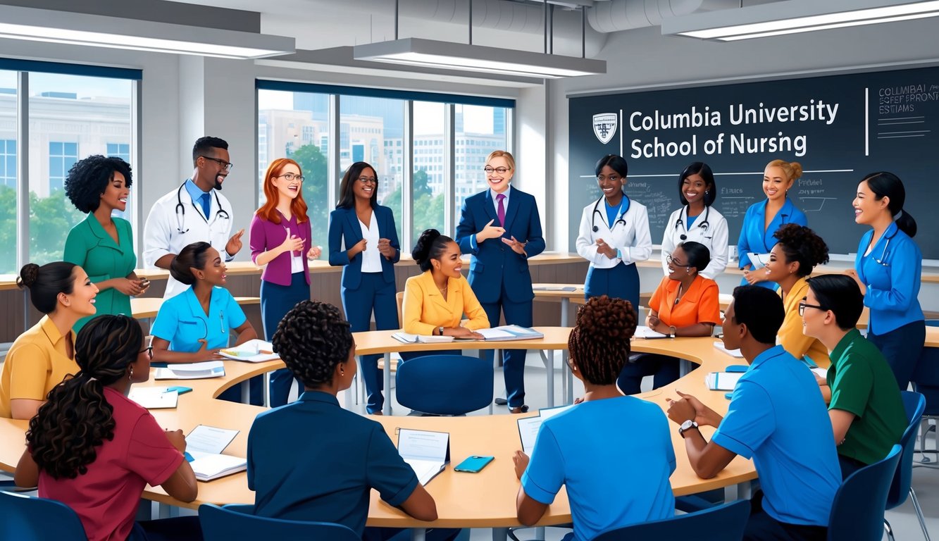 A group of students and professors gather in a modern classroom at Columbia University School of Nursing, engaged in a lively discussion about the best FNP programs