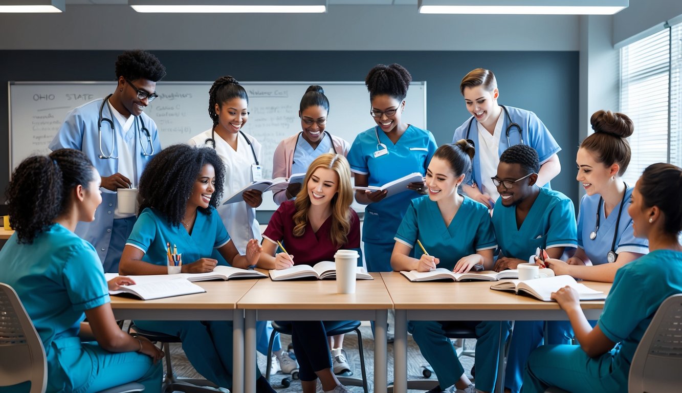 A group of nursing students studying and collaborating in a modern classroom at Ohio State University College of Nursing