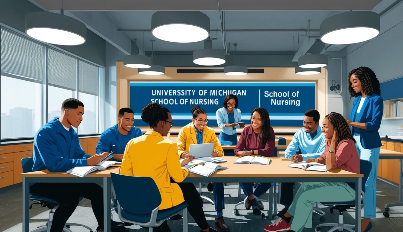 A group of students studying and collaborating in a modern, well-lit classroom at the University of Michigan School of Nursing