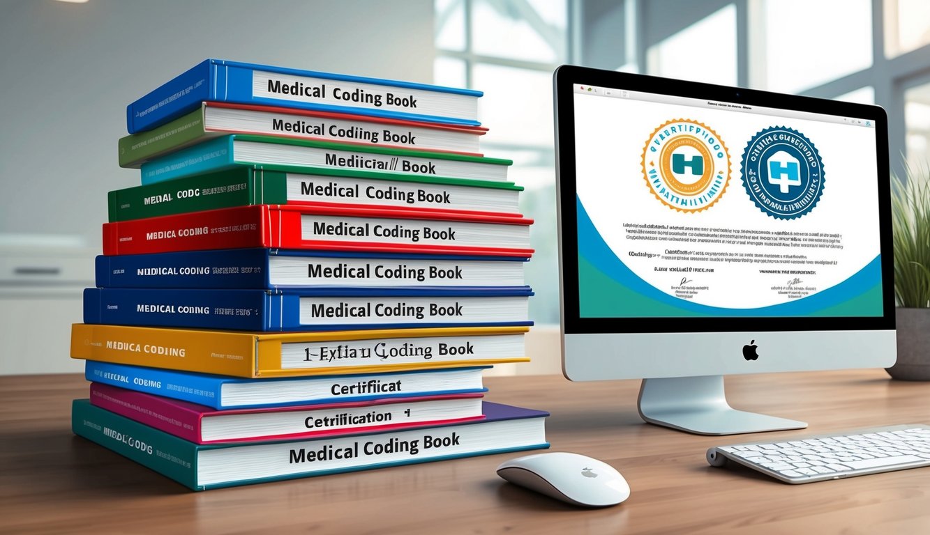 A stack of medical coding books and a computer with certification logos