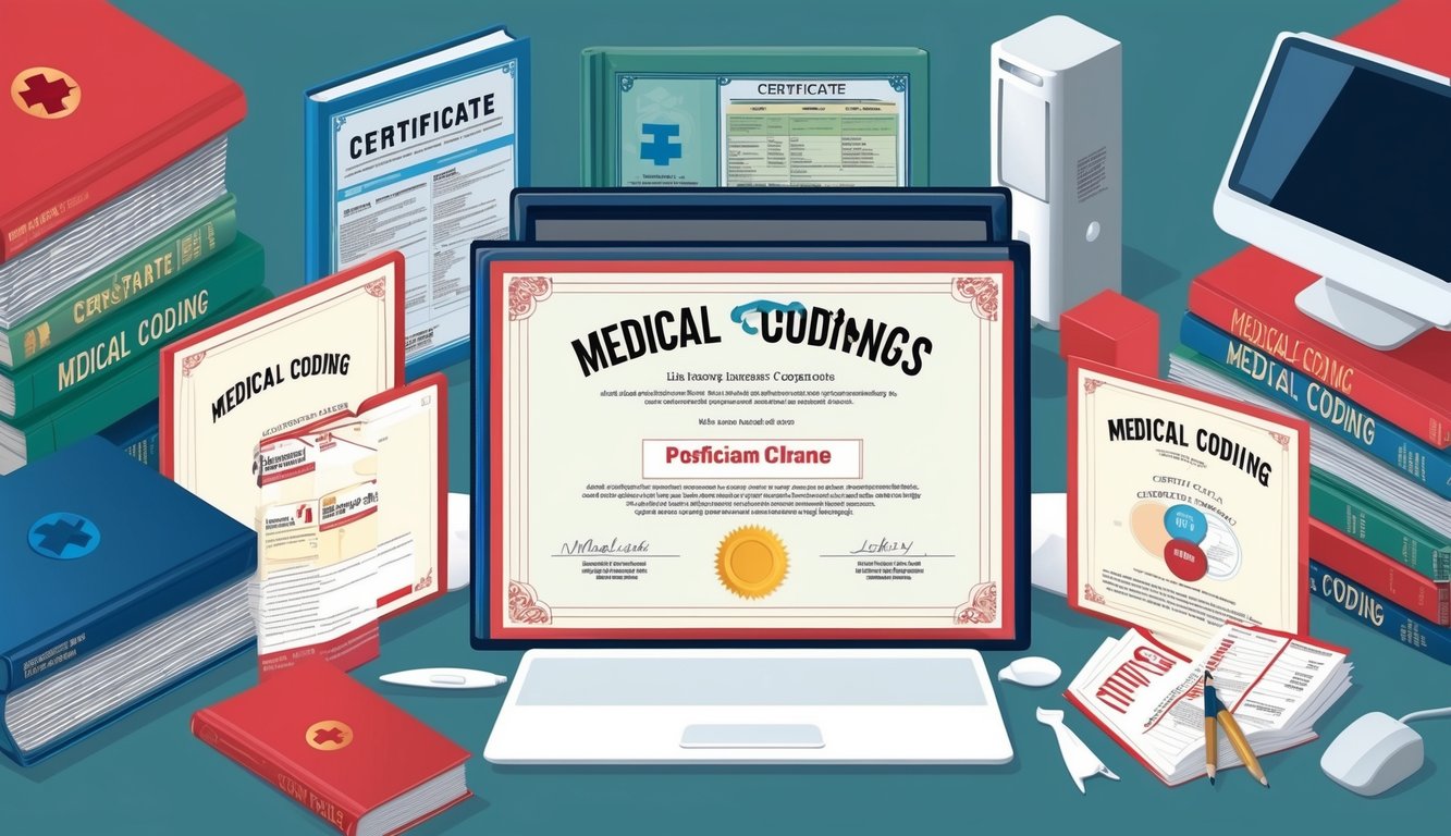 A certificate surrounded by medical coding books and a computer