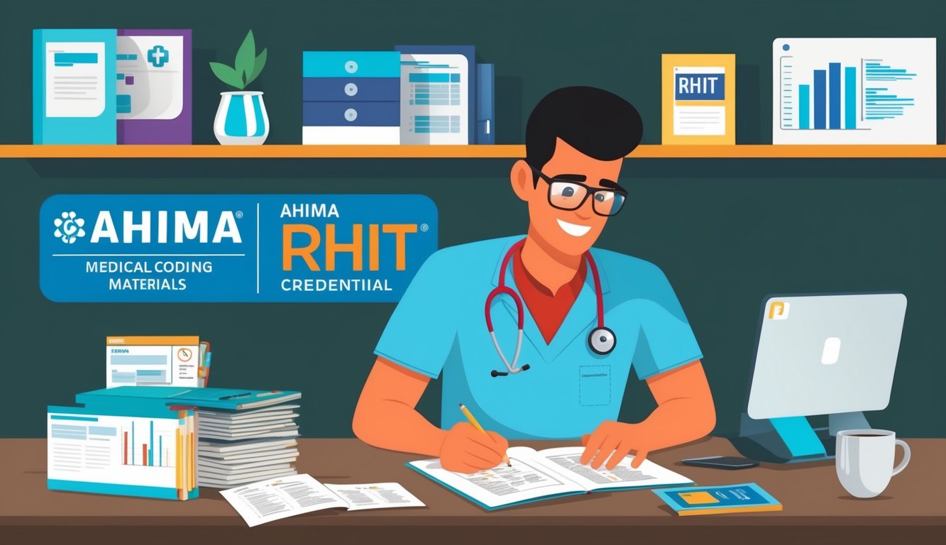 A person studying medical coding materials with AHIMA RHIT credential displayed prominently