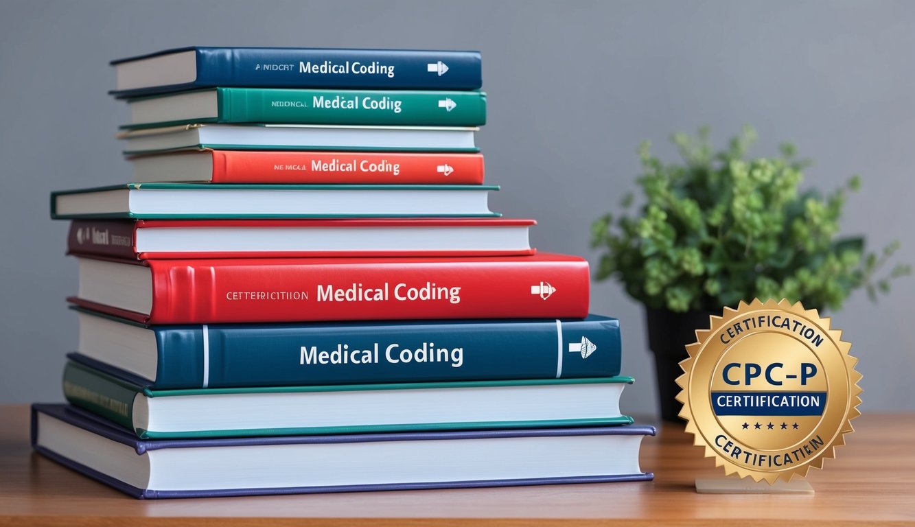 A stack of medical coding books with CPC-P certification badge