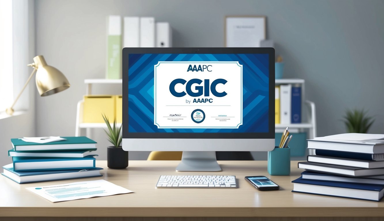 A certificate with the CGIC by AAPC logo displayed prominently on a desk, surrounded by medical coding reference books and a computer