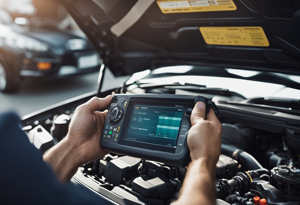 A mechanic using diagnostic equipment to check the engine timing of a car