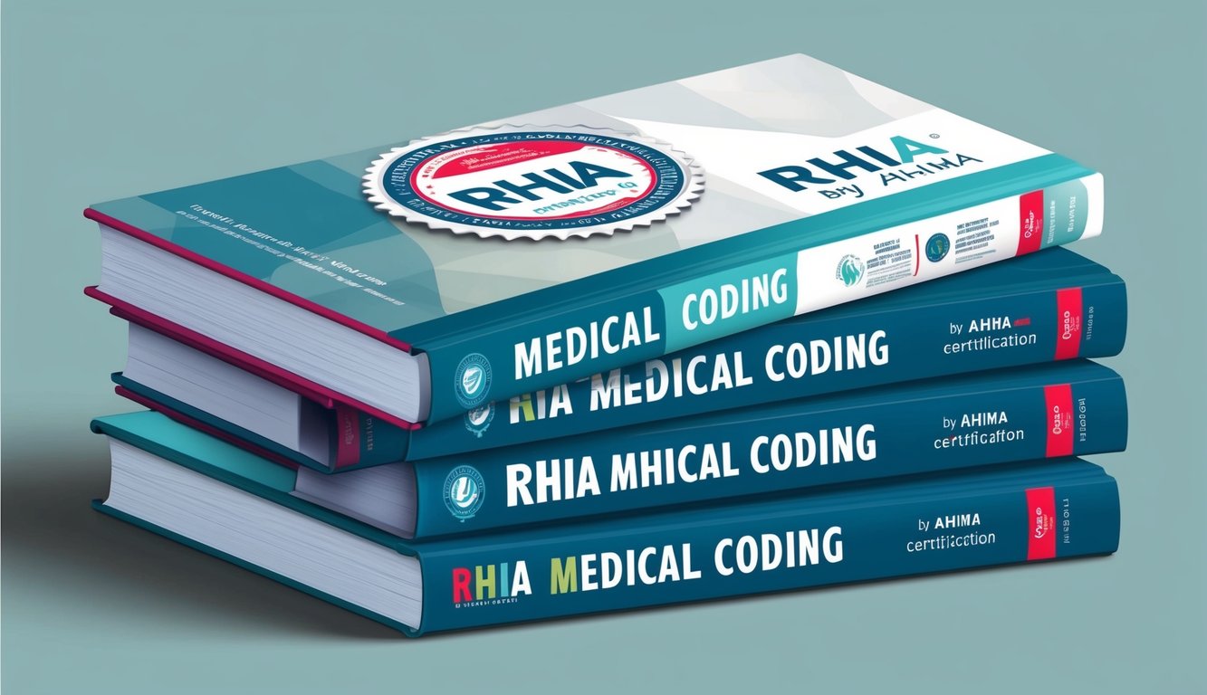 A stack of medical coding books with the RHIA by AHIMA certification badge prominently displayed on the cover