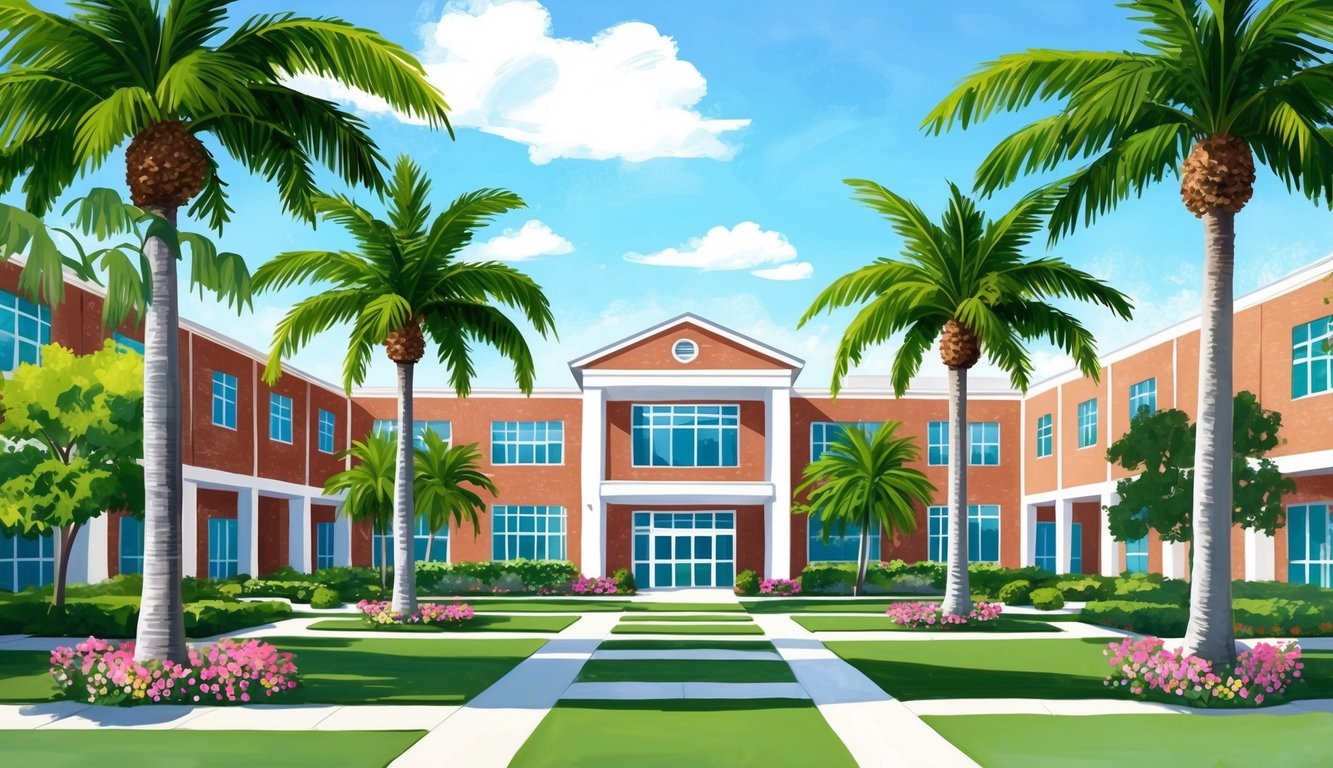 A sunny campus in Florida with a modern classroom building and a lush green courtyard, surrounded by palm trees and blooming flowers