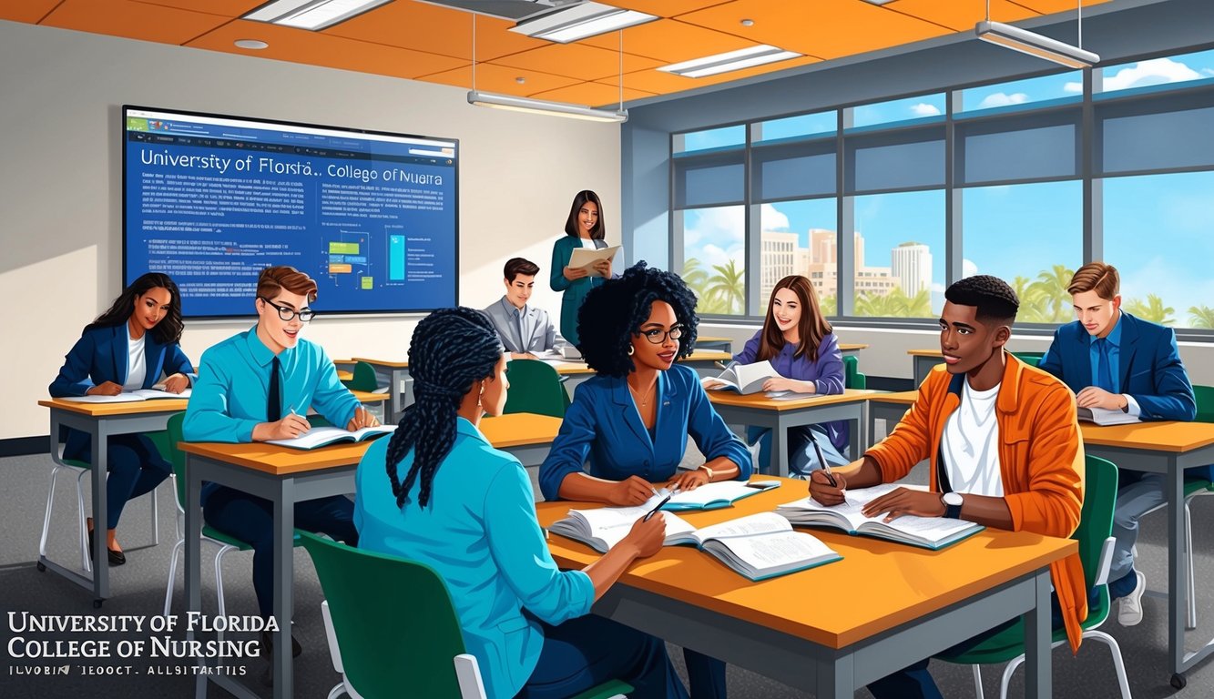 A group of students studying in a modern classroom at the University of Florida - College of Nursing