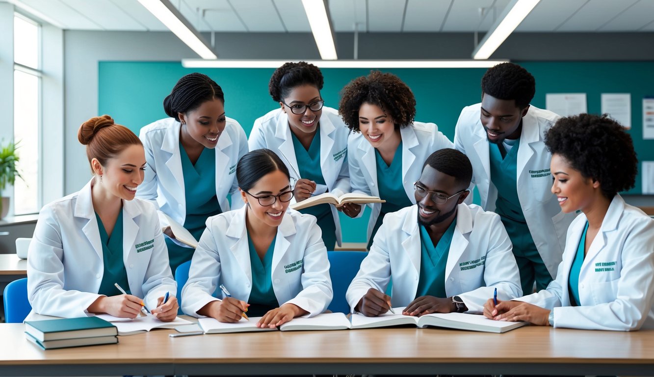 A group of nursing students in white coats studying and collaborating in a modern classroom at the University of Miami - School of Nursing and Health Studies