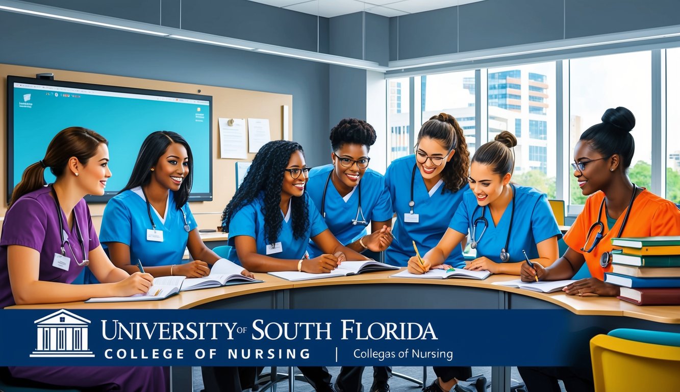 A group of nursing students studying and collaborating in a modern classroom at the University of South Florida - College of Nursing