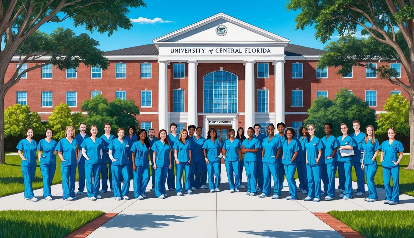 A group of students in nursing scrubs gather in front of the University of Central Florida's College of Nursing building, surrounded by trees and a clear blue sky