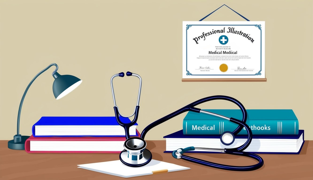 A stethoscope and medical textbooks on a desk, with a diploma hanging on the wall