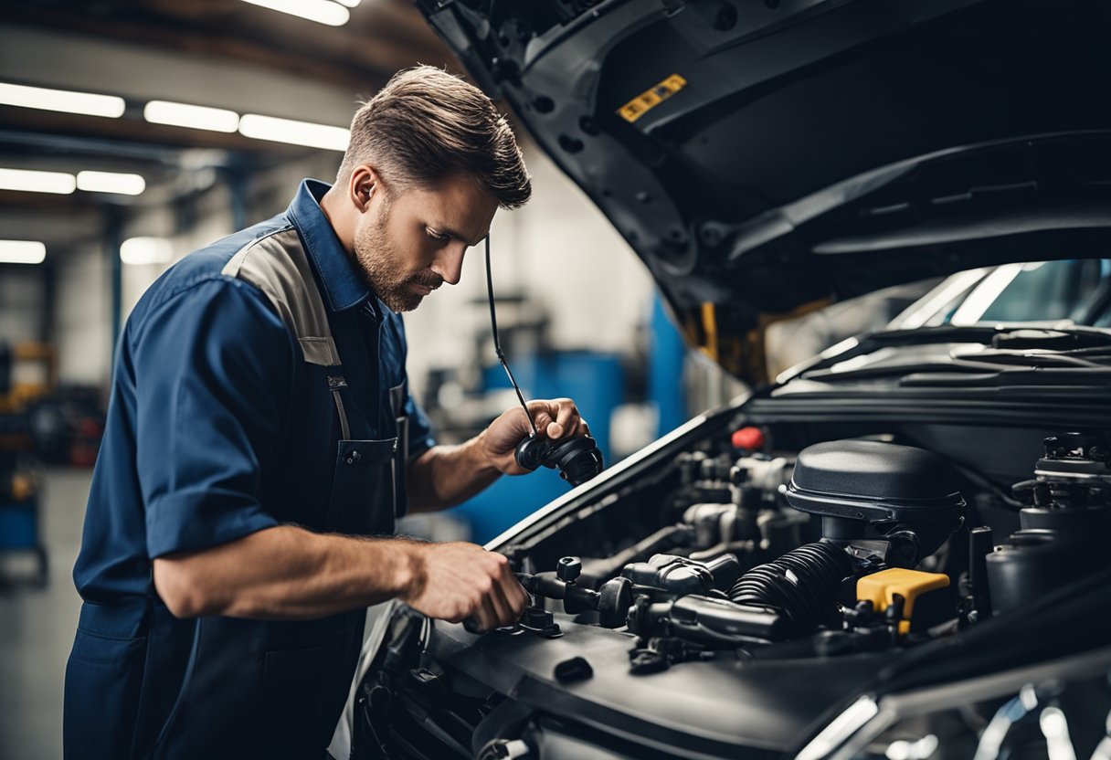 A mechanic using diagnostic tools to test the engine's crankshaft and camshaft positions in a well-lit garage