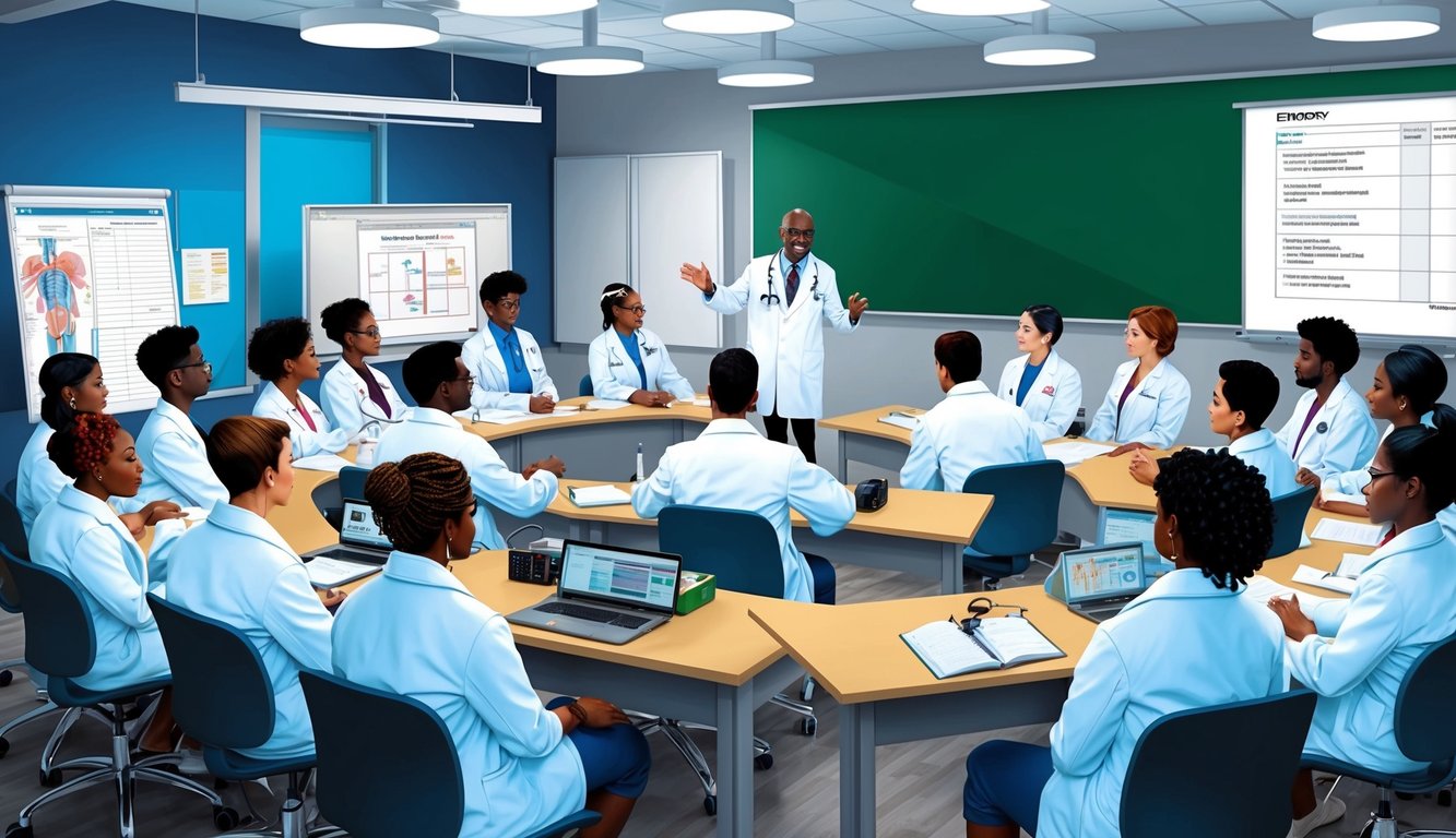 A group of students in white coats gather in a modern classroom, surrounded by medical equipment and charts, as a professor leads a lecture at Emory University School of Nursing