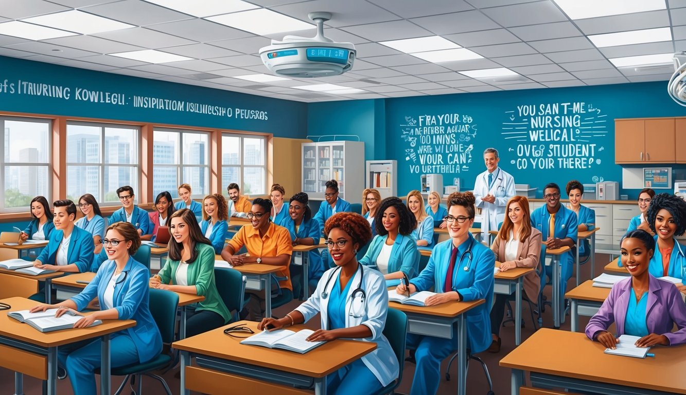 A bustling classroom filled with eager students and knowledgeable professors, surrounded by state-of-the-art medical equipment and inspirational nursing quotes on the walls